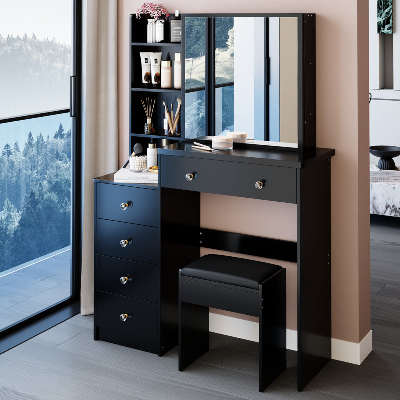 Table de chevet gauche 37 po avec tabouret rembourré et grand miroir coulissant, rangement à grande capacité, design américain, tabouret noir pour espaces moyens, 24 po x 22 po