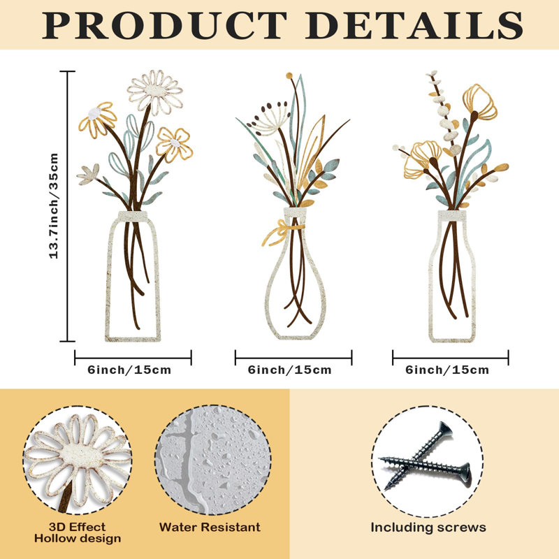 Ensemble de 3 décorations murales fleurs en métal - décor de ferme rustique beige minimaliste