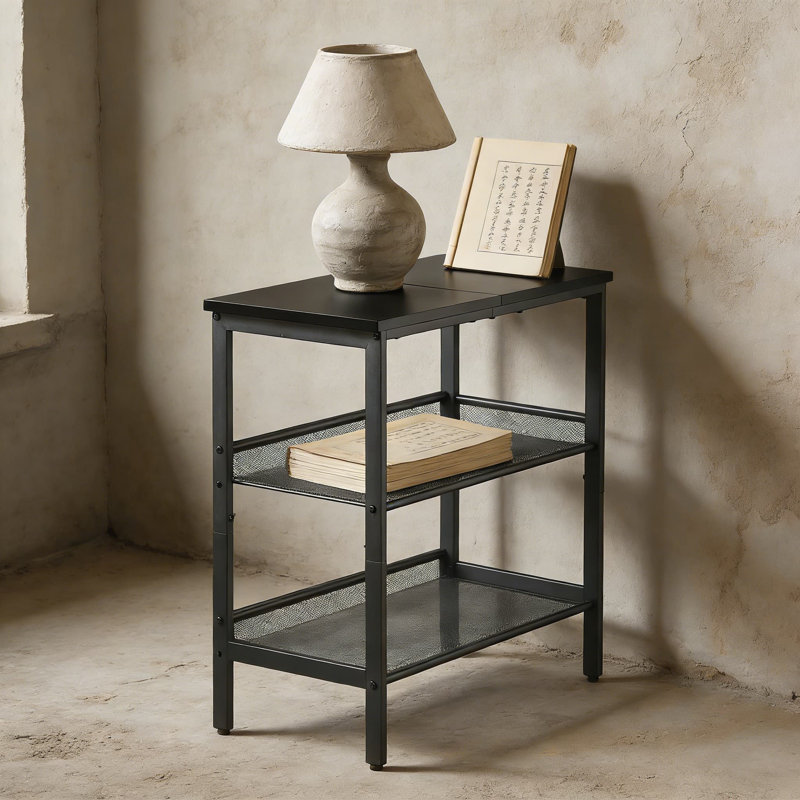 Table d'appoint étroite à 3 niveaux avec tablettes réglables, structure en métal robuste et plateau en bois pour les petits espaces, le salon, la chambre à coucher ou le couloir, facile à assembler