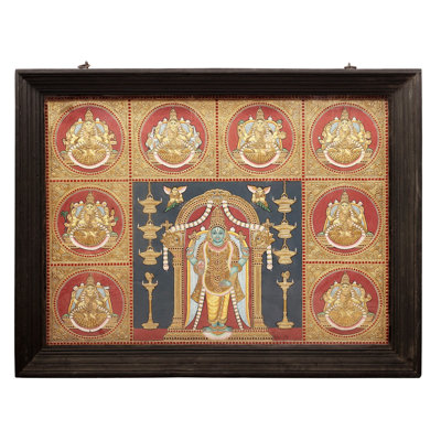 Grand Vishnu avec Ashtalakshmi Tanjore | Couleurs traditionnelles avec or 24 carats | Structure en bois de teck