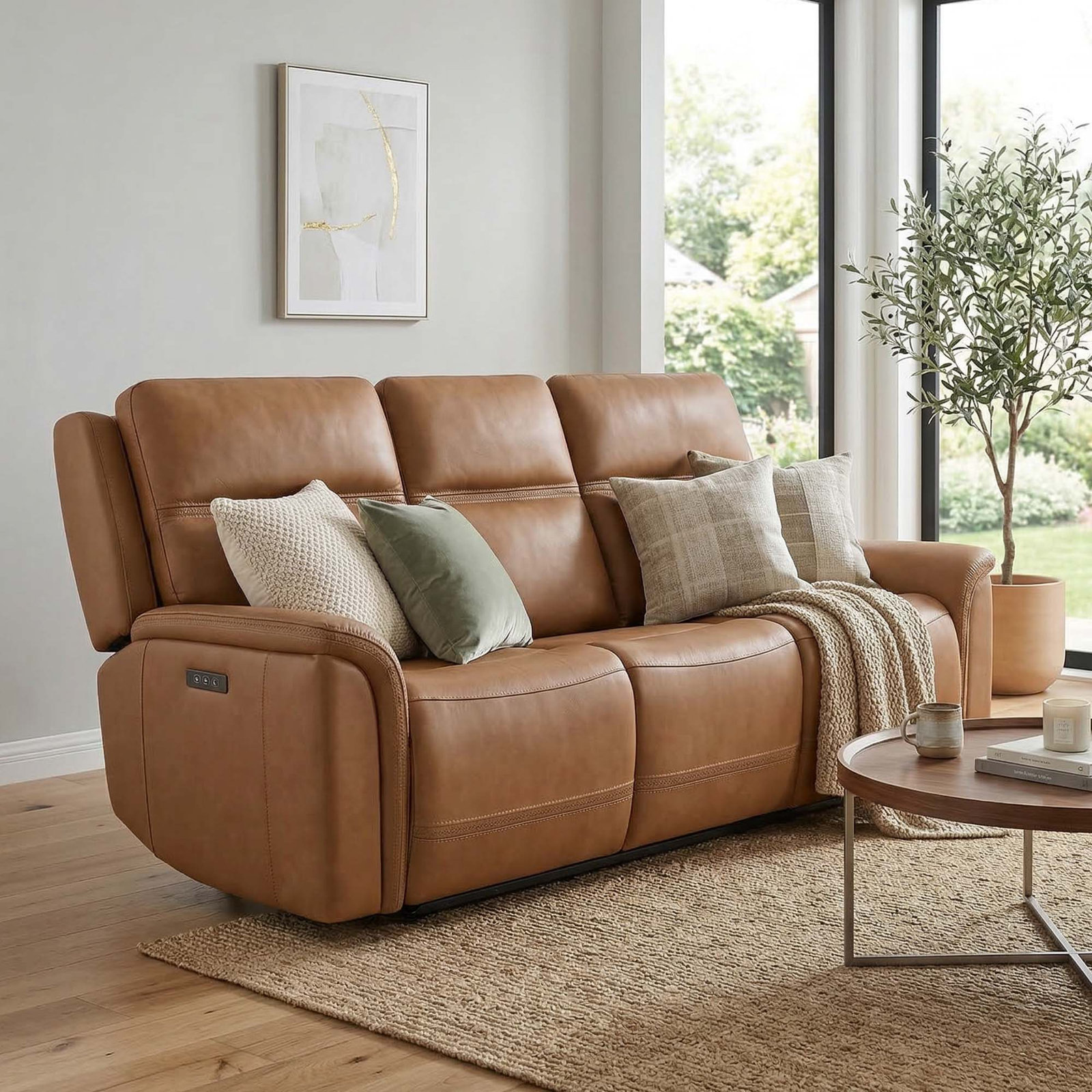 Genuine Leather Power Recliner Sofa, Aline Butternut Genuine Leather