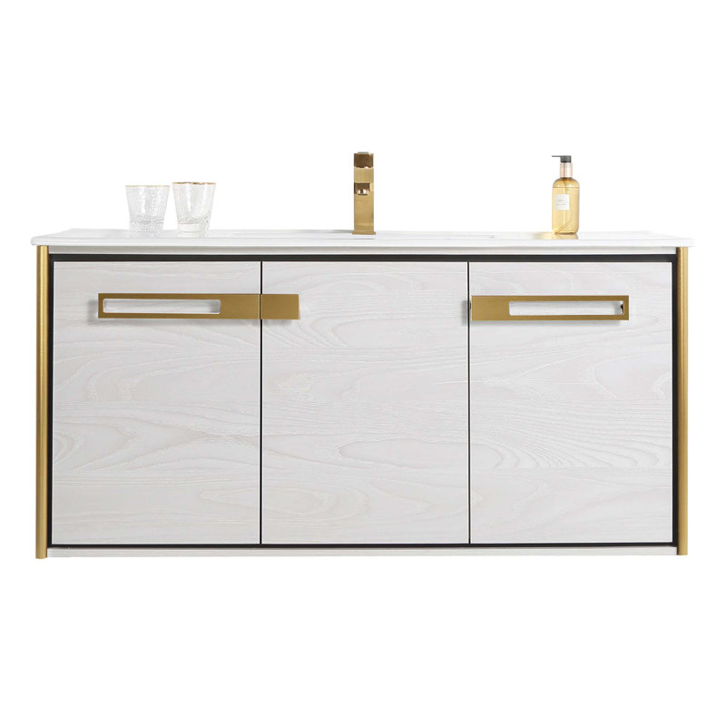 48'' Single Bathroom Vanity with Vitreous China Top, Satin Brass, Mild Gray Oak