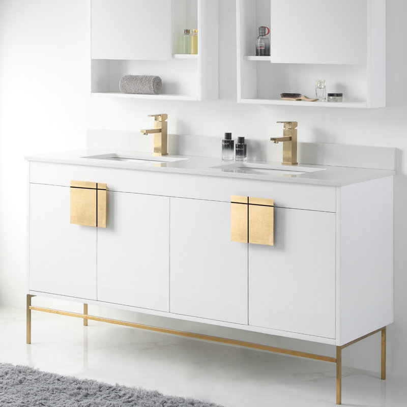 Ensemble de meuble-lavabo double 60 po Tortola, Peint blanc mat, Laiton satiné