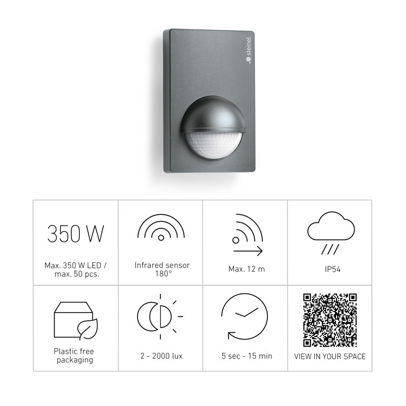 Motion Sensor IS 180-2 PIR Wall Mount 12 m Reach Adjustable 1000 W, Anthracite