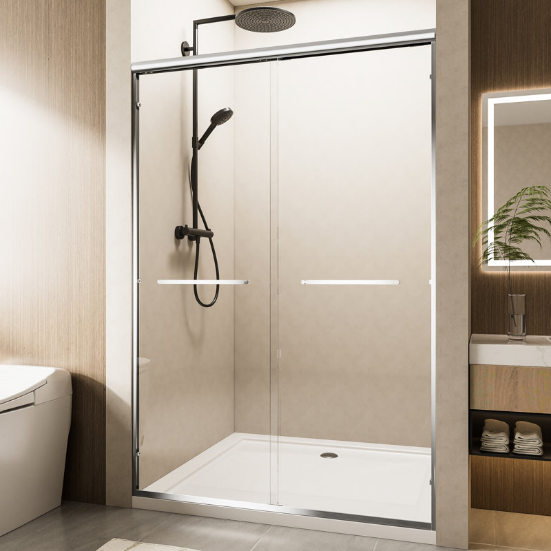 Porte de douche coulissante double en aluminium l 60 po x H 72 po, verre trempé transparent à revêtement nano de 6 mm, poignées de corrosion, installation réversible et largeur réglable pour cadre de salle de bain double