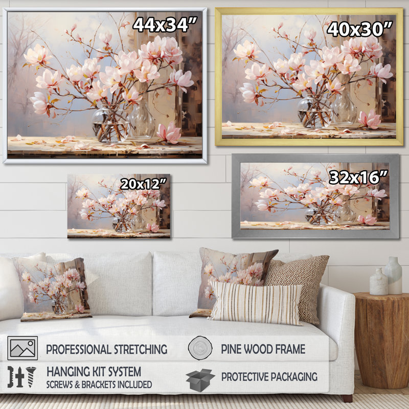 " Pink Beige Magnolias Romantic Impression ", H 24 po x l 32 po x P 1 po, Toile tendue