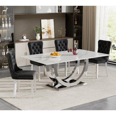 Faux Marble Dining Table Set, 69.3" Rectangular Dining Table & Tufted Velvet Chairs, Modern Kitchen Dining Room Table with Dual U-Shape Stainless Steel Base and Chairs Set