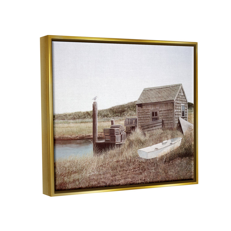 Bateau de canot perché à la campagne, bord de mer, par Tom Mielko - peinture à cadre flottant, H 25 po x l 31 po x P 1,5 po