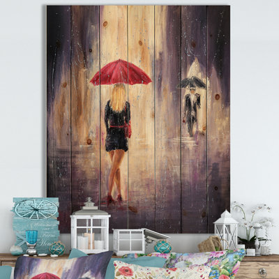 " Lady With Red Umbrella Walking In The Rain " Acrylic Painting