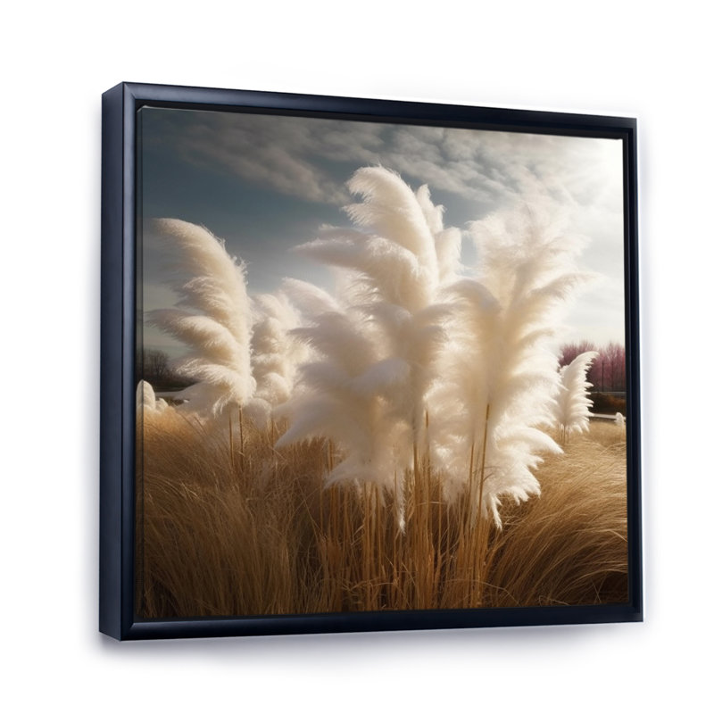 «White Pampas Meadows III», art mural floral, H 36 po x l 36 po x P 1,5 po, Cadre flottant noir