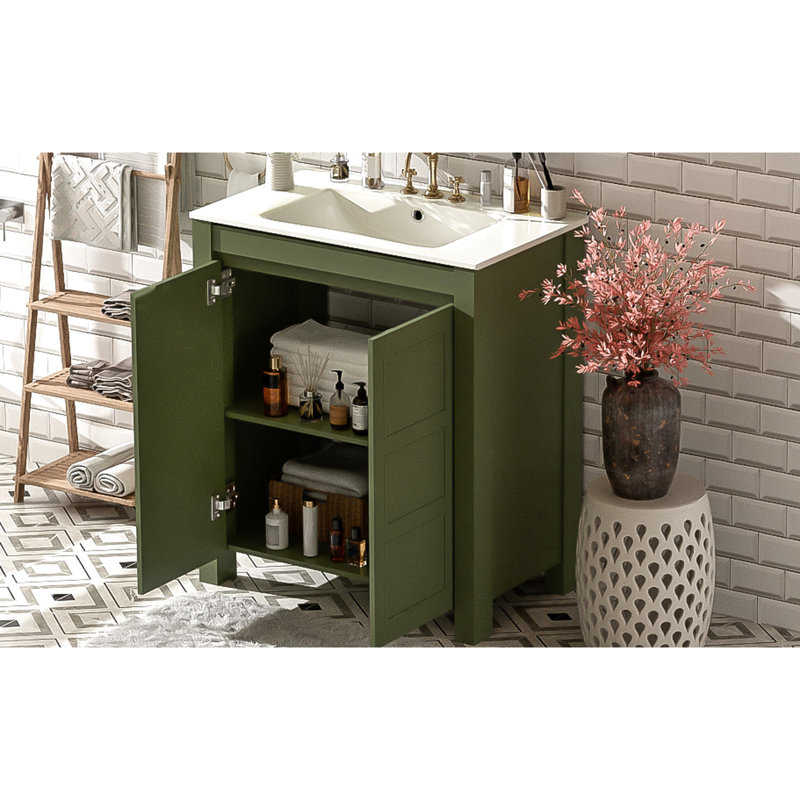 Meuble-lavabo de 30 po de couleur olive avec lavabo en céramique, portes à fermeture en douceur et conception spacieuse de 30 po avec rangement