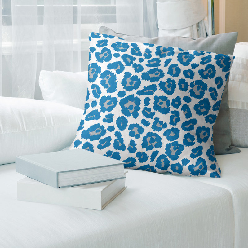 Housse de coussin carrée à imprimé léopard Detroit football, Blanc, bleu, gris, 20 po X 20 po, Polyester sergé