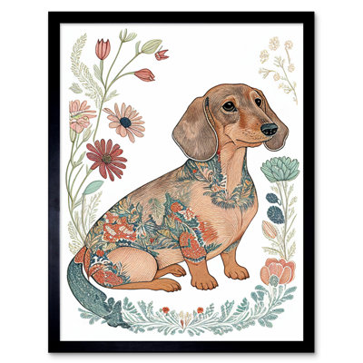 Dachshund Shorthaired Dog With Ornate Floral Patterns Colourful Colour Pencil - Single Picture Frame Print
