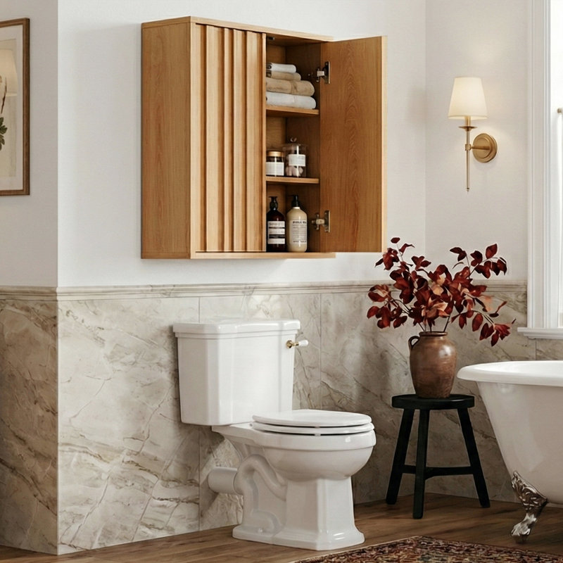 Armoire murale moderne à 2 portes avec lattes Modern, armoire à pharmacie flottante de 0,6 po d'épaisseur avec tablettes réglables, rangement au-dessus de la toilette pour salle de lavage, chêne naturel