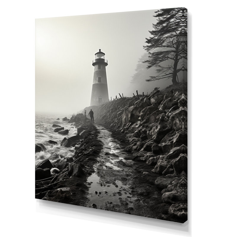 Phare Bansemer noir et blanc avec horizon brumeux, Toile tendue, H 40 po x l 30 po x P 1,5 po