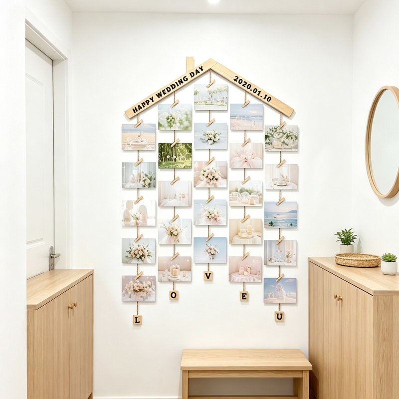 Photo Display Board 63 x 90 cm with Rope and 30 Small Memo Clips Collage for Home Decoration