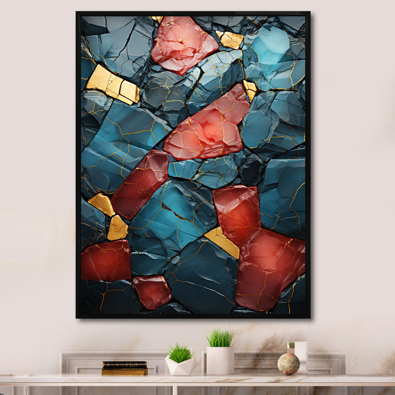 Bleu et rouge Marble Elegance II - décoration murale en marbre, Cadre flottant noir, H 32 po x l 16 po x P 1 po