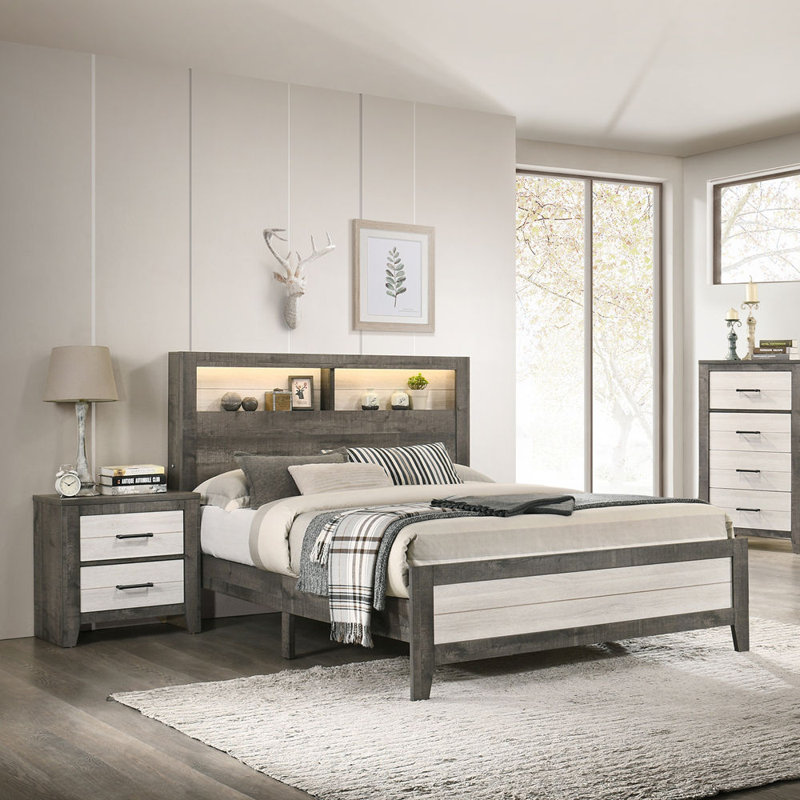 1pc Queen Size Platform Storage Bed Low-profile Plank-style Headboard Built-in Lighting Modern Farmhouse Style Grey Beige