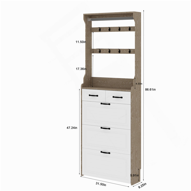 Armoire à chaussures avec 3 portes et 2 tiroirs de couleur New Oak, Blanc / Chêne