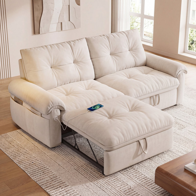 Canapé-lit convertible moderne de 77 po avec poche de rangement latérale, canapé-lit 2 en 1, canapé rembourré multifonctionnel pour le salon, la chambre à coucher et un appartement, beige
