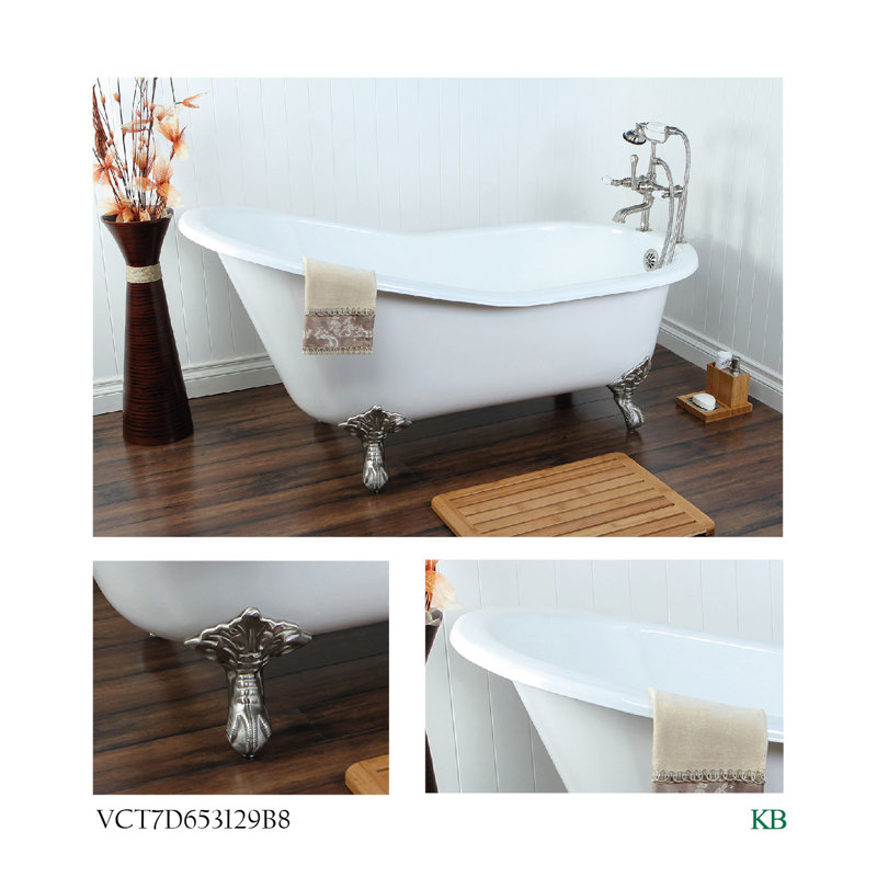 Kingston Brass Aqua Eden 61-Inch Cast Iron Oval Single Slipper Clawfoot Tub (7-Inch Faucet Drillings), Brushed Nickel
