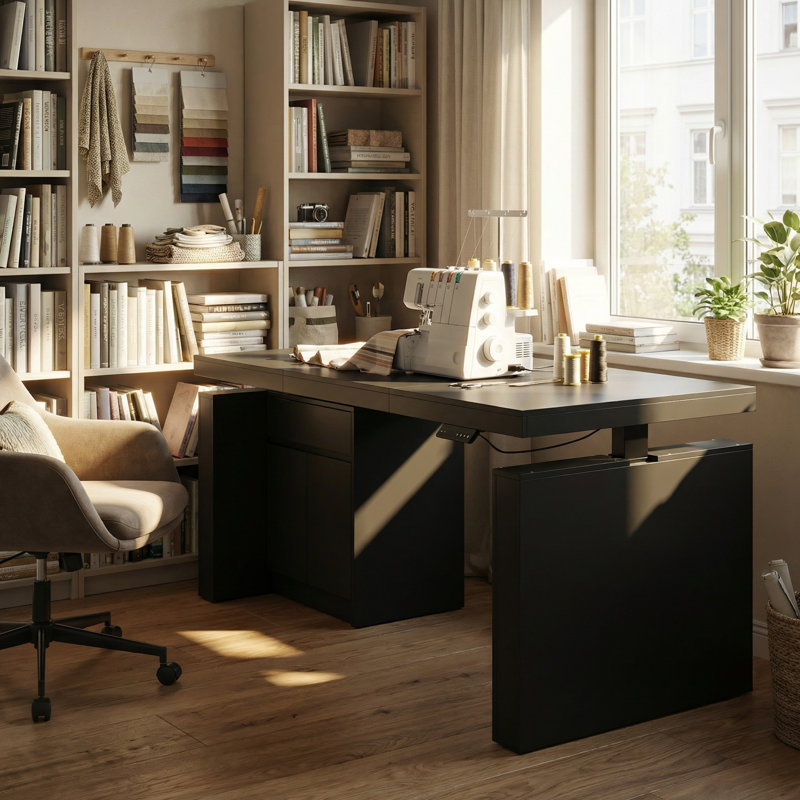 Height Adjustable Craft Table With Storage Cabinet