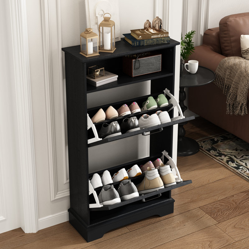 Armoire de rangement pour 12 paires de chaussures avec 2 tiroirs rabattables, Noir
