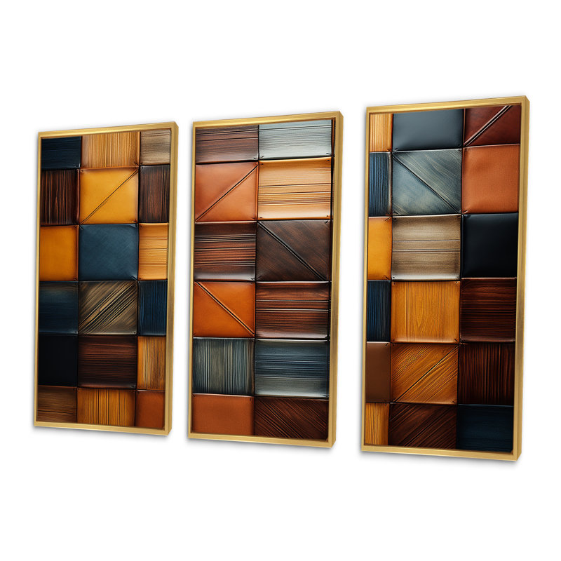 Carreaux bruns géométriques abstraits géométriques II - Boho mosaïque, art mural, Cadre flottant doré