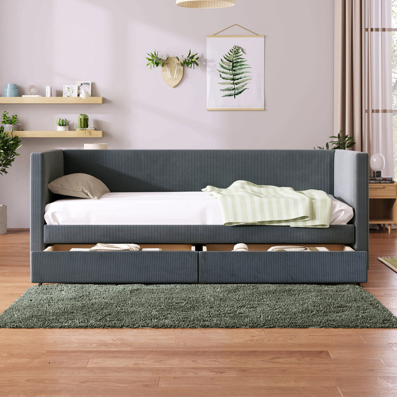Corduroy Upholstered Daybed with Drawers ,Wood Slat, Gray