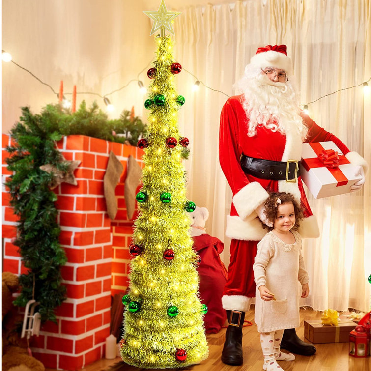 5 Ft Tinsel Prelit Christmas Tree Pop Up with Timer Color Lights Star  Sequins Battery Operated Artificial Pencil Slim Xmas Tree for Home Party  Indoor Outdoor Christmas Decoration 