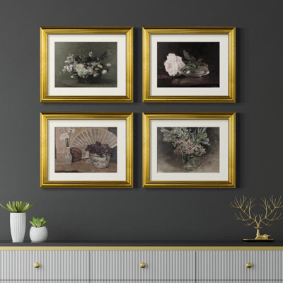 Ensemble de 4 reproductions encadrées Vintage Floral VII