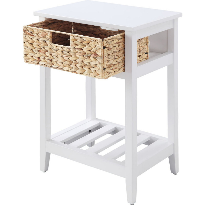 Walnut and Natural Accent Table with Woven Basket, White