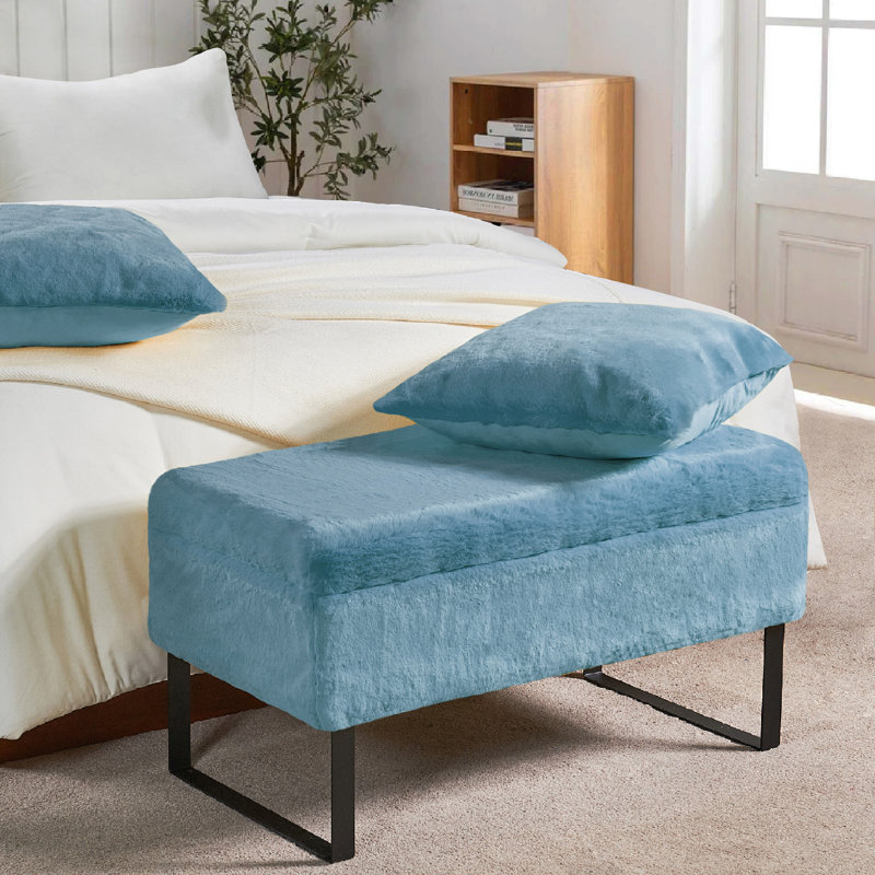 91.4cm Wide Rectangle Solid Colour Standard Ottoman with Storage, Silver Blue Faux Fur