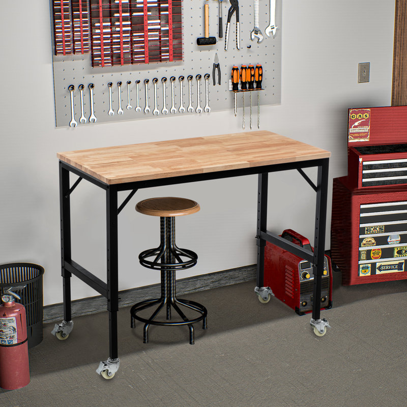 Établi robuste Garage 48 po, ajustable, fiable, bois d'hévéa, roues en métal, capacité de 2000 lb, établi ergonomique utile de 48 po, base, plateau de table en bois, référence