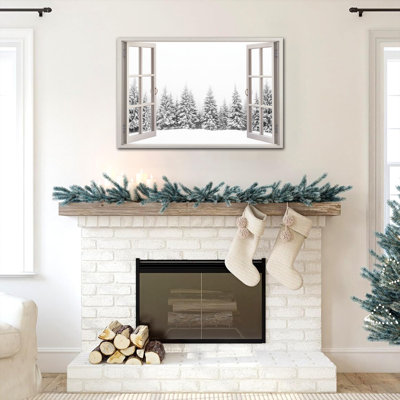 Grande fenêtre hivernale, art mural sur toile, paysage enneigé de forêt, fausse fenêtre d'hiver, toile encadrée pour salon, chambre à coucher, bureau, décoration murale, 32 po x 48 po