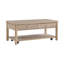 Table basse élégante à finition naturelle avec deux tiroirs et une tablette ouverte