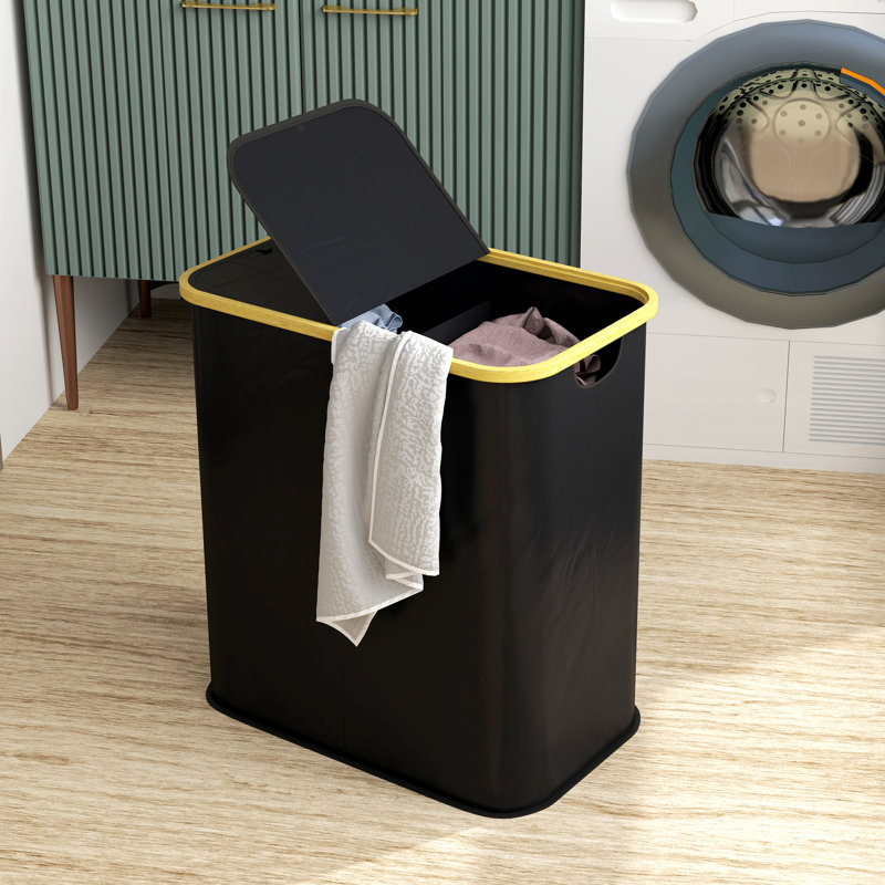 HOMCOM Double Laundry Basket with Lid 80L Collapsible Groove Handles Black
