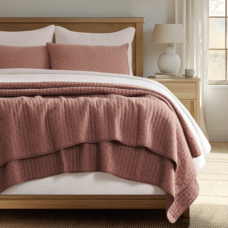 Cross Stitch Cotton Quilt set, Queen + 2 Shams, Terracotta Clay