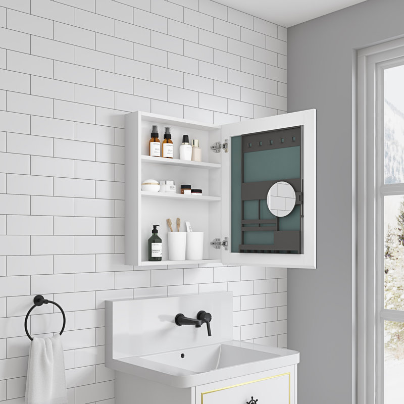 Armoire pour miroir de salle de bain 20 po x 26 po - Bois d'ingénierie blanc. Fixé au mur. Encastré / Surface. Tient les rasoirs en toute sécurité. Coffre de rangement avec portes 20,83 lb à droite, l 20 po x H 26 po, blanc, bois, monté