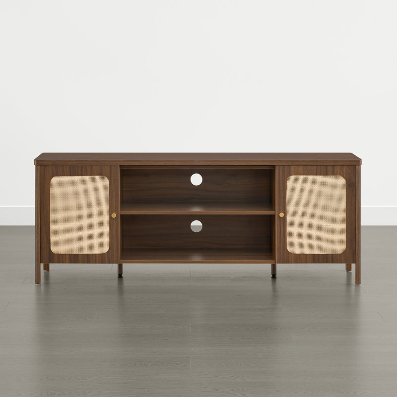  Boho TV Stand with Rattan Doors and Open Storage for TVs up to 70" , Walnut