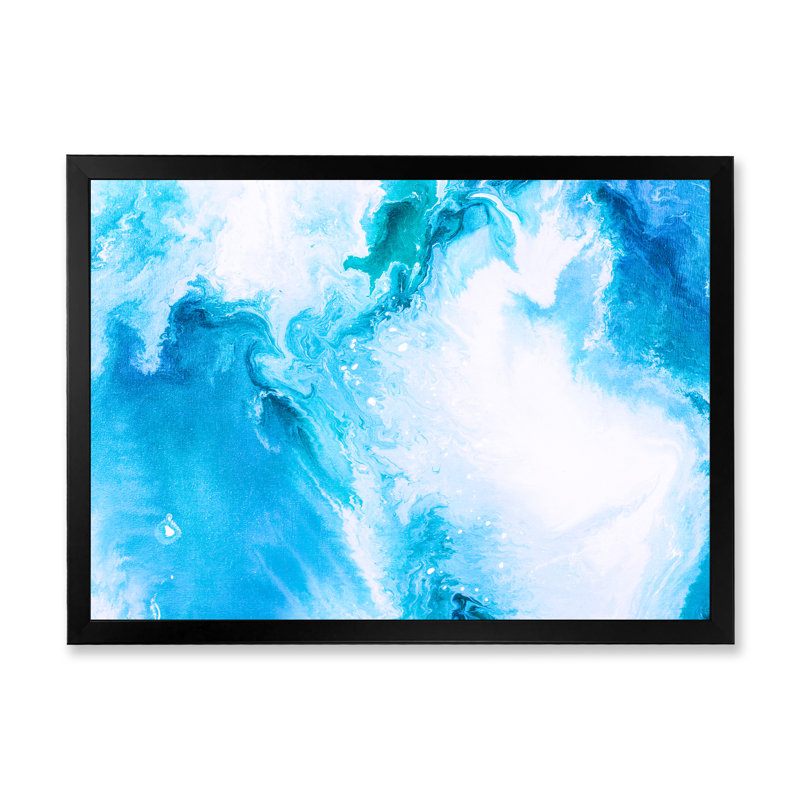 Liquide en bleu clair et turquoise II - Peinture sur toile, H 13,5 po x l 21,5 po, Cadre noir