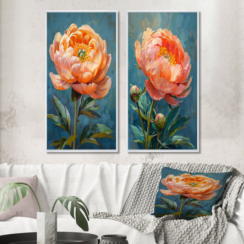 Ylann - Ensemble de 2 pièces d'art mural pivoines, H 28 po x l 24 po, Impression encadrée, Blanc