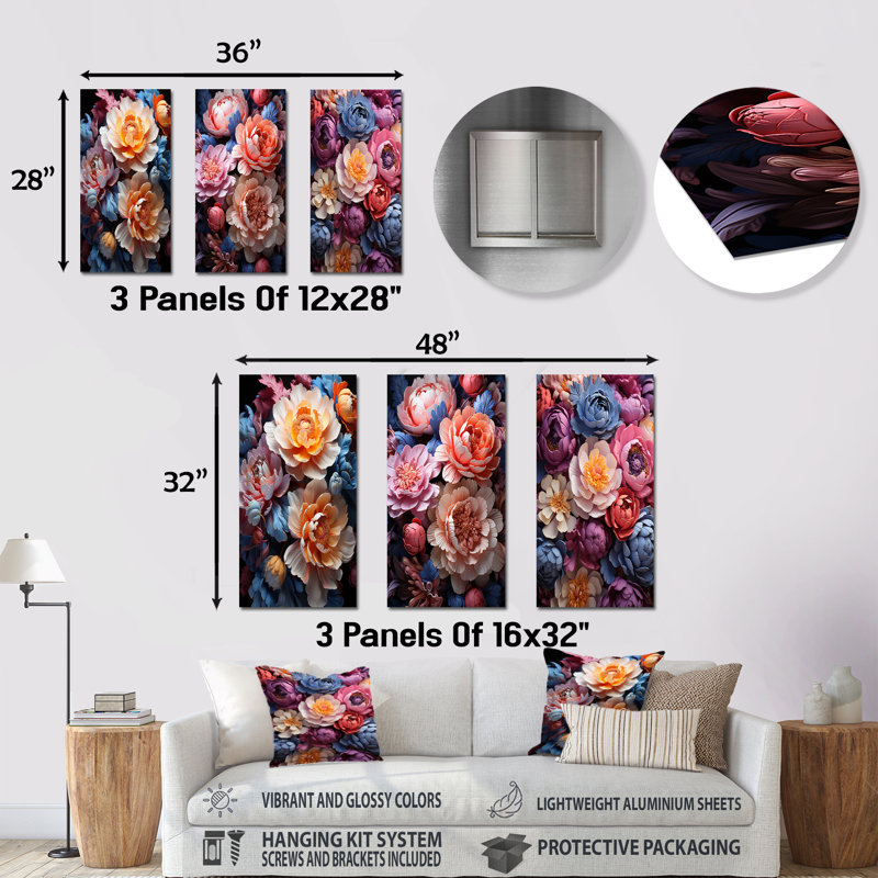 Belles pivoines colorées «Come Alive» - ensemble de 3 impressions murales en métal pivoines, H 28 po x l 36 po