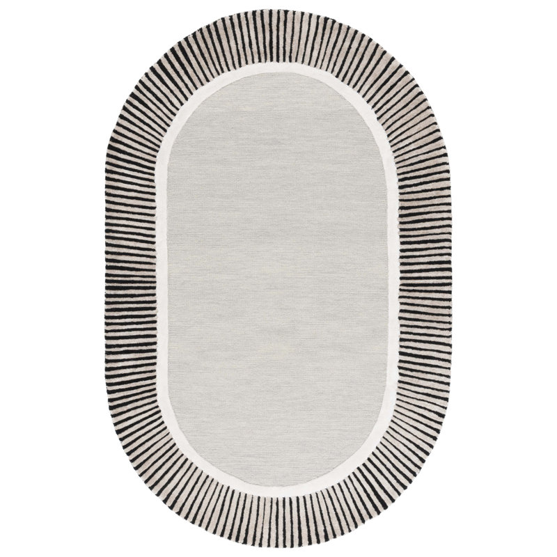 Tapis rayé gris / noir en laine / viscose / coton 107 touffetés à la main, Ovale 8 pi x 10 pi