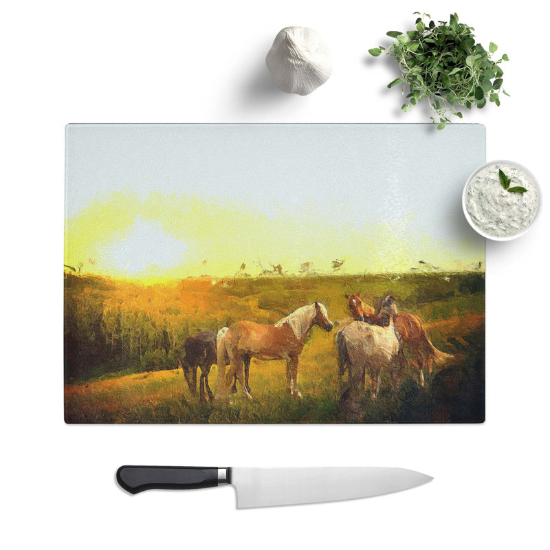 Tempered Glass Sunset over the Horses Chopping Board, 39 cm W x 28.5 cm L