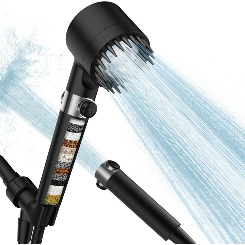 Black Handheld Filtered Shower Head with High Pressure and Multiple Spray Modes
