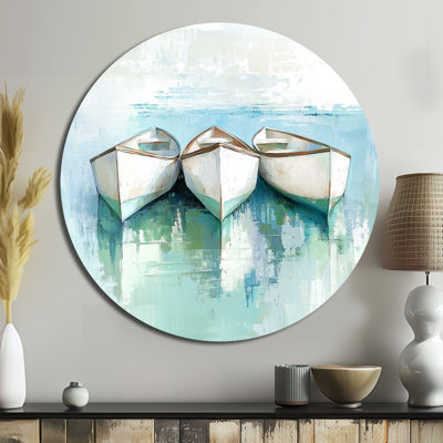 Aquarelle canots, lac serein - décoration murale ronde côtière, vue sur l'océan et le lac, salon