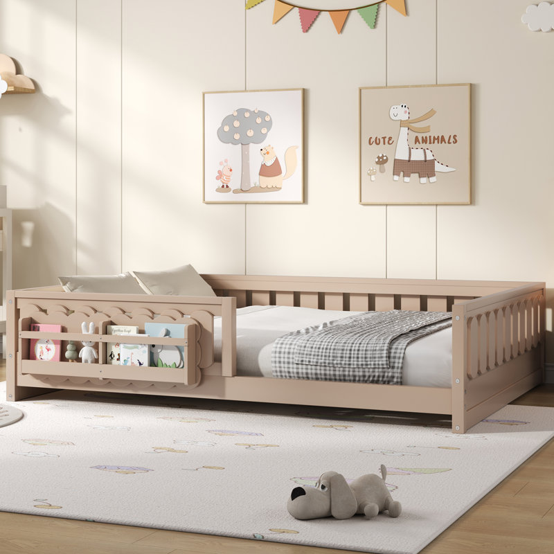Wood Full Size Platform Bed with Guardrail and Storage Shelves for Kids – Solid Pine Wood, Sturdy, No Box Spring, Natural
