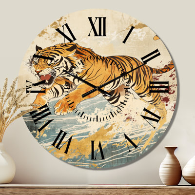 Tigre en plein vol - Horloge murale rustique ronde en métal