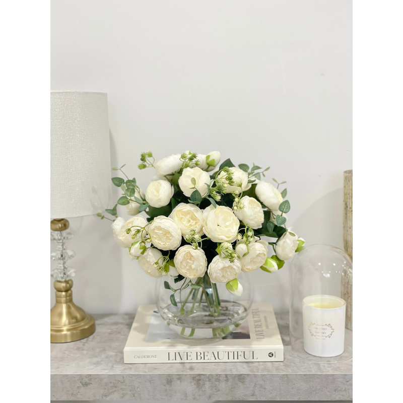 White Peony Faux Centerpiece In Glass Vase, White